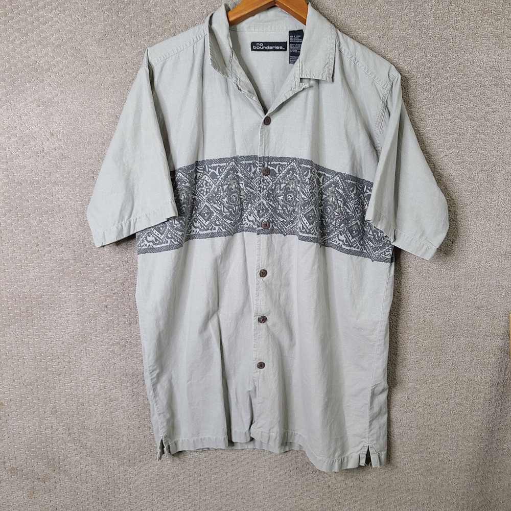 No Boundaries Shirt Mens L Gray Geometric Button Down Short Sleeve Cotton Casual
